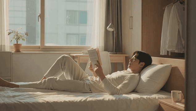 아늑한 침실에서 책을 읽는 남자