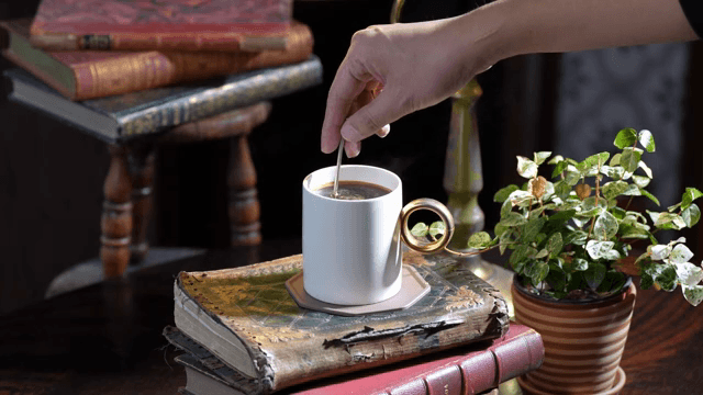 아늑한 공간에서 커피를 젓는 손