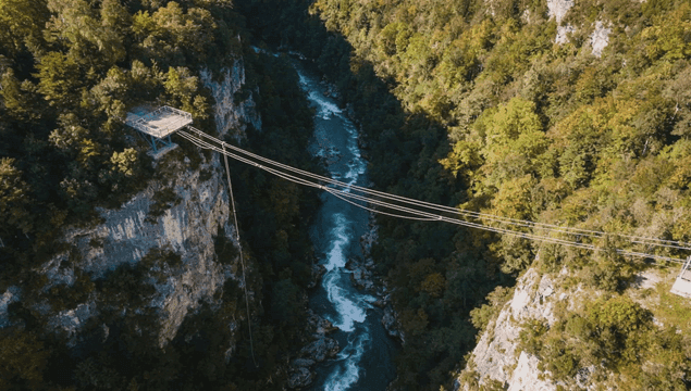 Zipline set on high terrain above river gorge