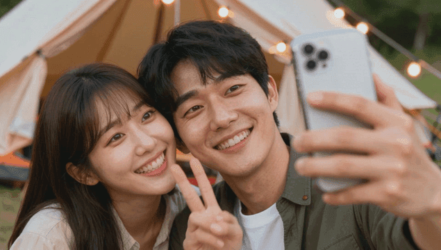 캠핑장에서 셀카를 찍는 커플