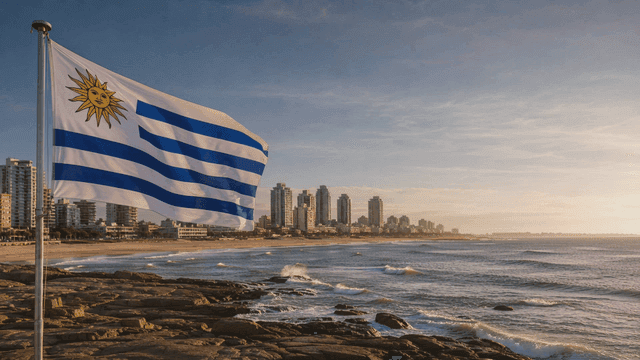 Cityscape and Uruguayan flag by sea