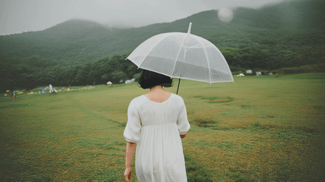 우산을 쓰고 들판을 걷는 여성의 뒷모습