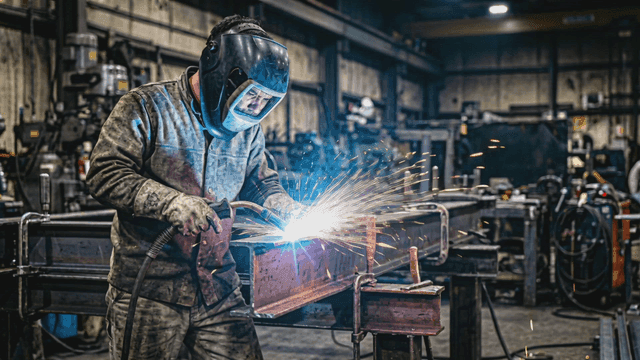 Worker performing welding work in factory