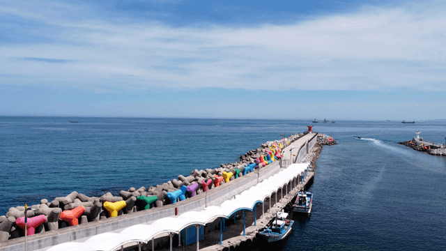 부두의 다채로운 방파제와 보트