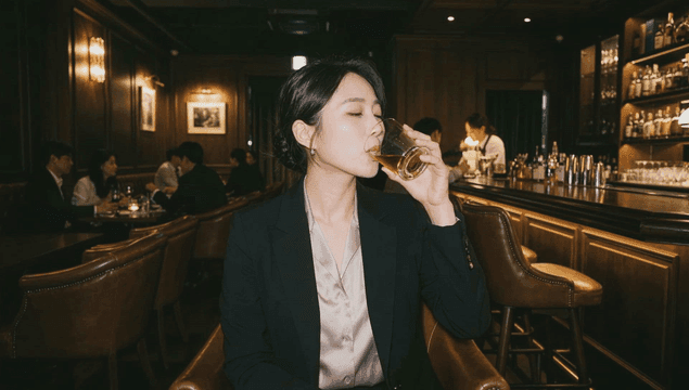 Woman drinking whiskey in cozy bar