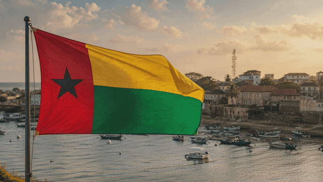 Guinea-Bissau flag fluttering by water at sunset