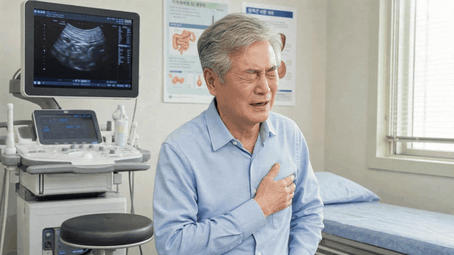Elderly man experiencing chest pain in a clinic