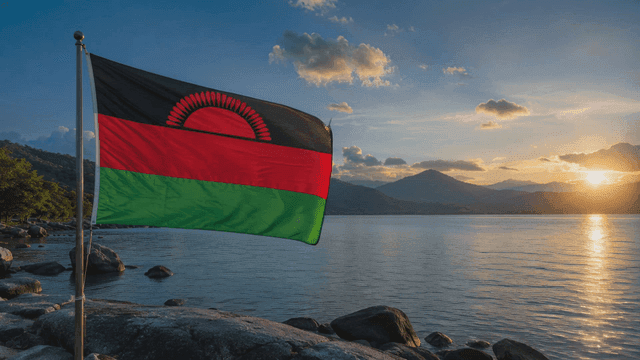 Malawi flag waving by lake at sunset