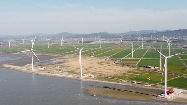 Wind turbines overlooking coastal farmland