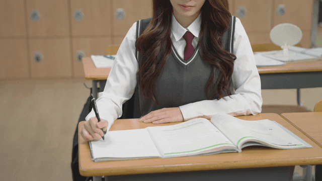 Schoolgirl with wavy brown hair studying in the classroom