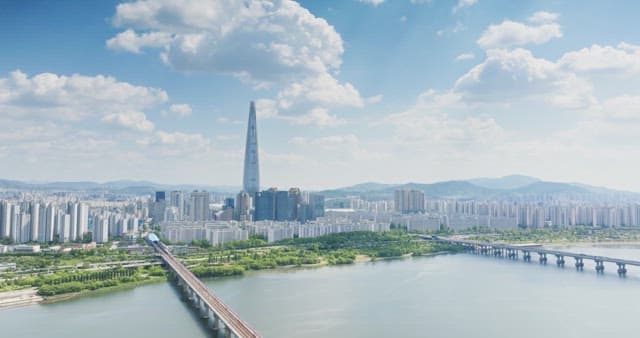 Cityscape with river and skyscrapers