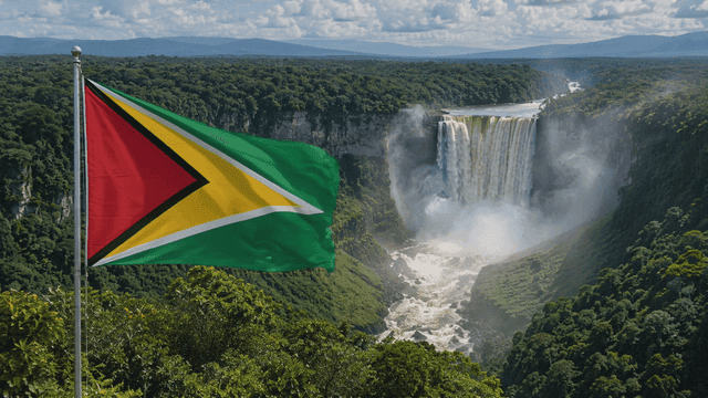 Majestic waterfall with Guyana flag