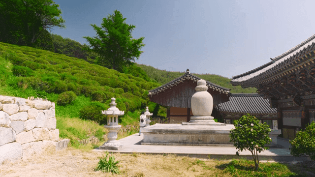 Traditional Korean temple in lush greenery