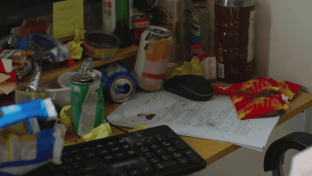 쓰레기와 서류가 있는 어수선한 책상