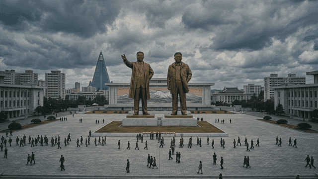 Large statues of Kim Il-sung and Kim Jong-un in North Korean city squares