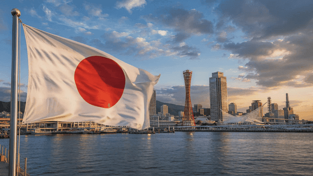 Japanese flag waving with city skyline