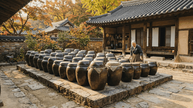 Traditional Hanok with various earthenware jars