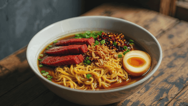 Bowl of Kuay Tiao Nua with toppings on wooden table