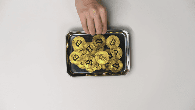 비트코인이 놓인 트레이를 가져가는 손