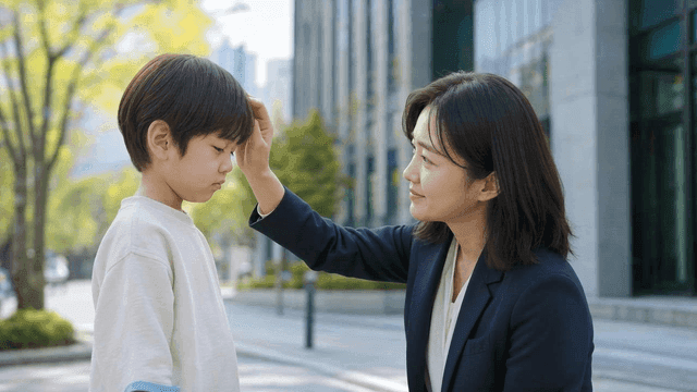Woman in suit affectionately comforting child outdoors