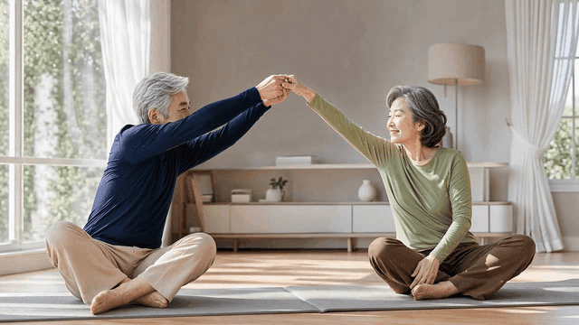 Elderly couple practicing yoga indoors