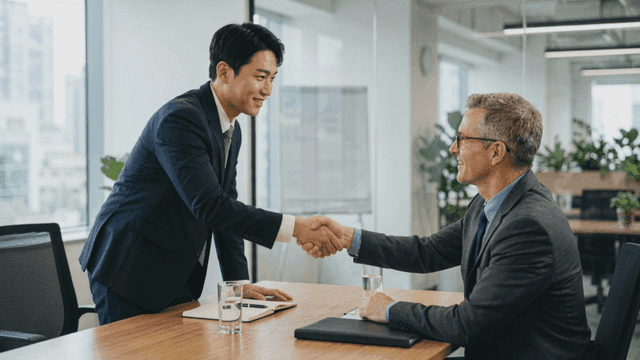 Two businessmen shaking hands in an office