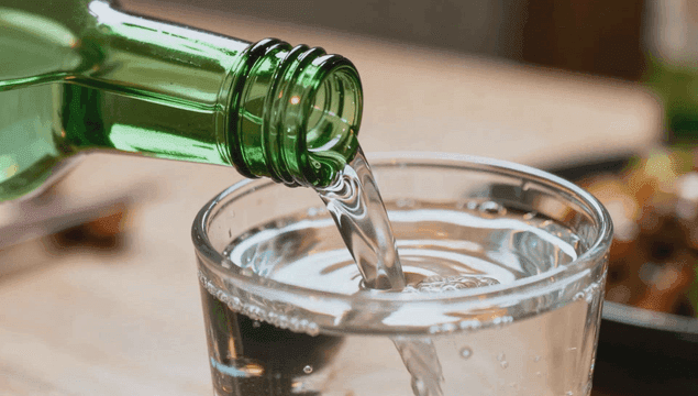 Pouring soju into a glass on a table
