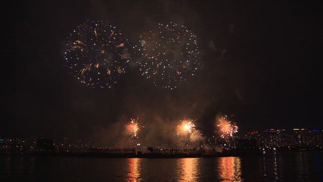 Spectacular Fireworks over the Cityscape and River at Night