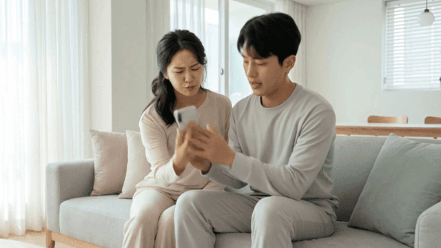 소파에서 휴대폰을 보며 다투는 커플