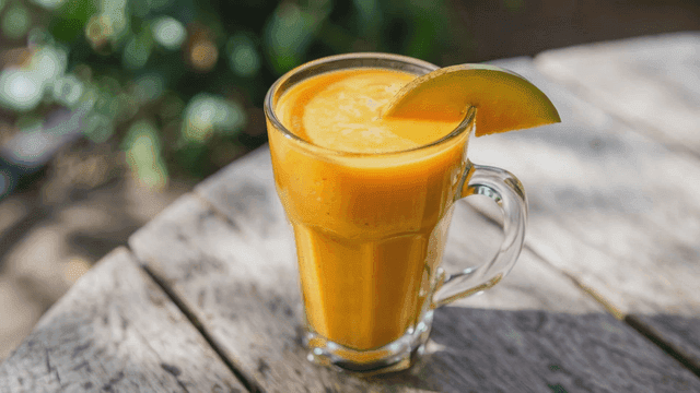 나무 테이블 위의 상큼한 망고 스무디