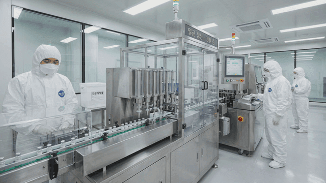 Workers wearing protective suits at pharmaceutical production plant