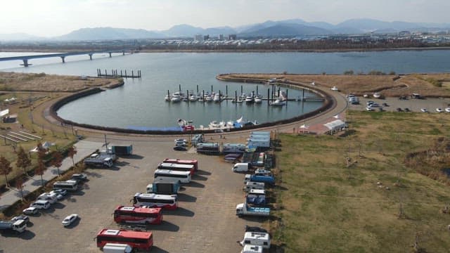 Marina with yachts and a scenic river