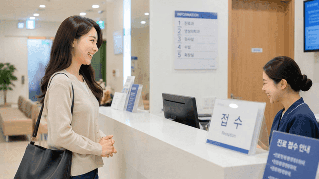 Patients and desk staff registering at hospital reception desk