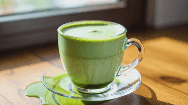나무 테이블 위에 넘친 말차 라떼 한 잔