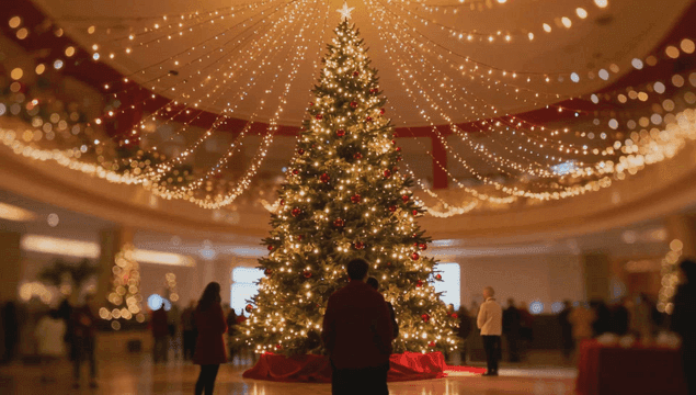 장식된 홀의 큰 크리스마스 트리