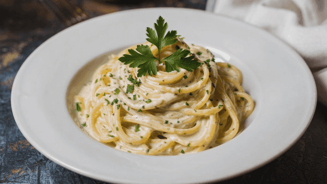 Creamy pasta garnished with parsley