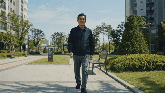 Elderly security guard walking in apartment park