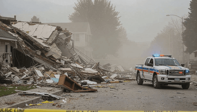 Collapsed building with police line and police car