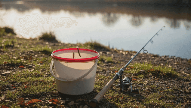 Fishing rod and basket on quiet lakeside