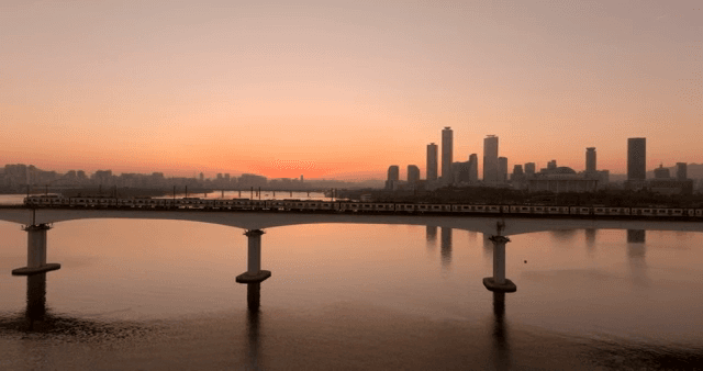 Bridge and city skyline at sunset