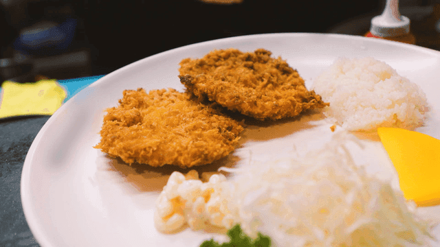 Plate with tonkatsu, rice, and salad
