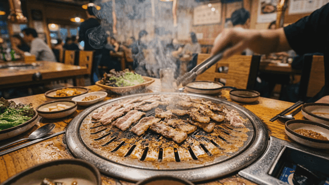 Pork belly being grilled at restaurant