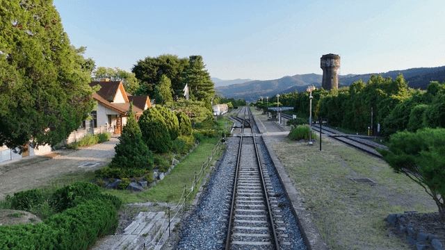 Quiet country train station and railway tracks.