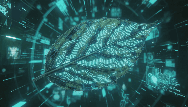 A leaf with digital circuit patterns