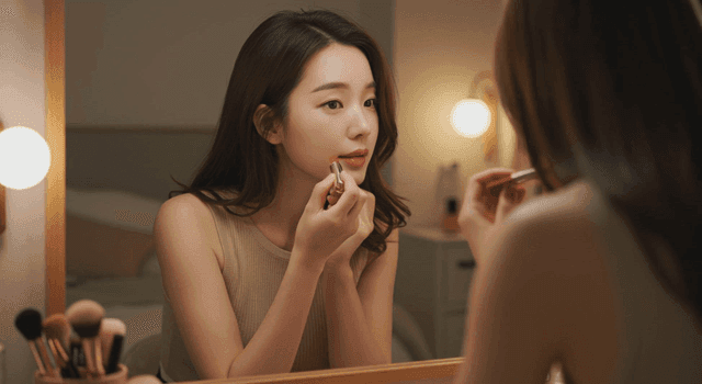 거울 앞에서 화장하는 여성