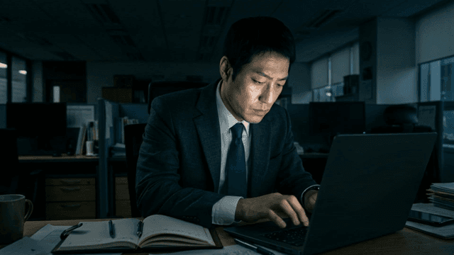 늦은 밤 사무실에서 홀로 노트북으로 일하는 직장인