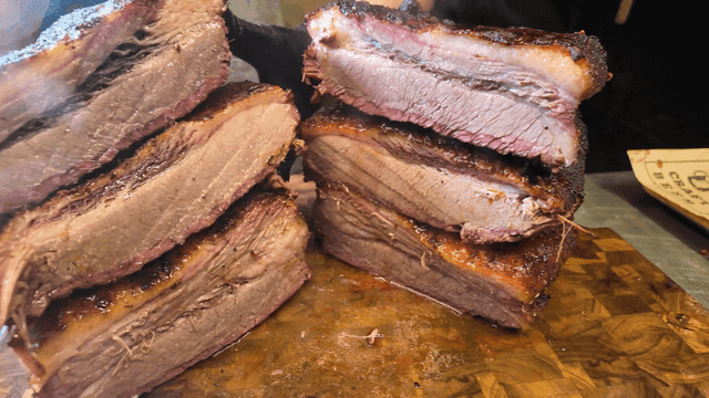 Cross-section of juicy smoked brisket