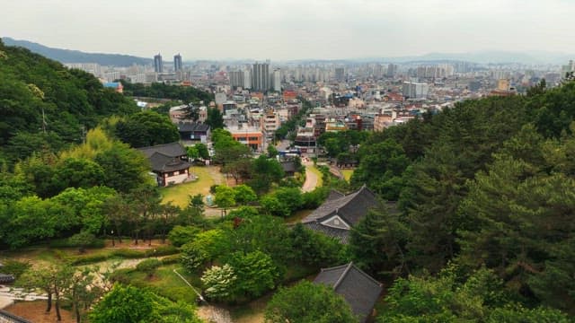Traditional hanok village surrounded by lush trees
