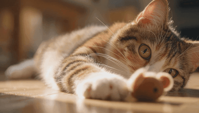 Cat lying down and playing with a toy
