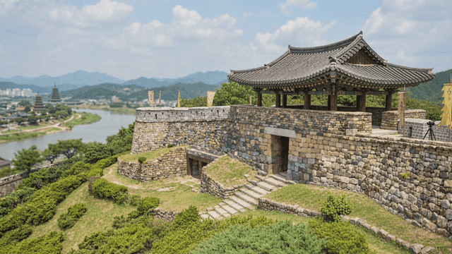 언덕 위의 전통 한국 요새 성곽
